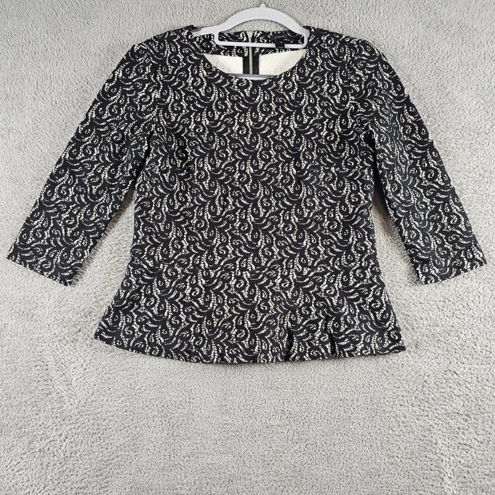 J.Crew Black White Floral Lace Peplum Top 3/4 Sleeve Exposed Zipper XS